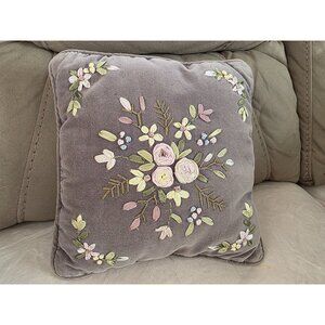 Handmade Embroidered Floral Ribbon Velvet Pillow 9" X 9"